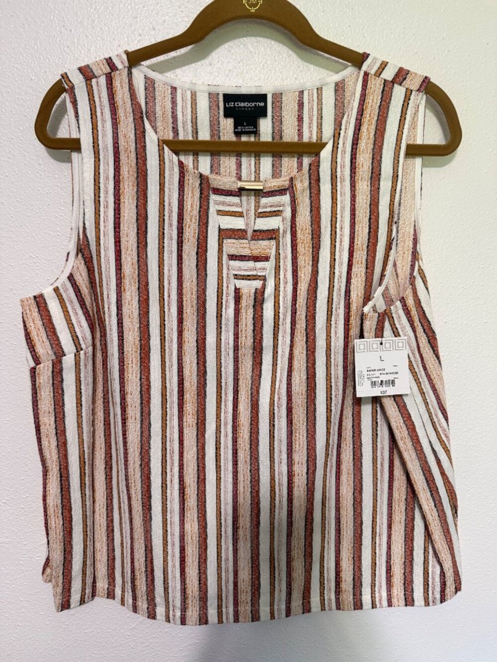 Liz Claiborne Career Tank Cream Brown Rust Stripe with Bead Womans L NEW